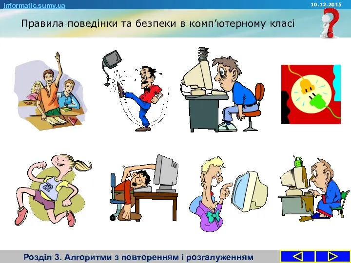 Правила поведінки та безпеки в комп’ютерному класі Розділ 3. Алгоритми з повторенням і розгалуженням informatic.sumy.ua 10.12.2015