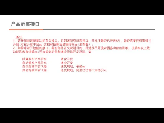 产品所需接口 （备注： 1，请仔细阅读招募功能有关接口，且列述所有所需接口，并标注是否已开放API，是否需要授权审核才开放(可在开放平台api文档和招募场景需授权api里查看）； 2，如需申请开放新的接口，需在邮件正文说明目的、用途及不开放对招募功能的影响，注明本次上线功能和未来依赖api开放规划功能和本次无法开发原因，如 批量发布产品信息 本次开发 自动重发产品信息 本次开发 自动驾驶宇宙飞船 迭代规划，依赖api 自动驾驶宇宙飞船 迭代规划，阿里巴巴暂不支持引入