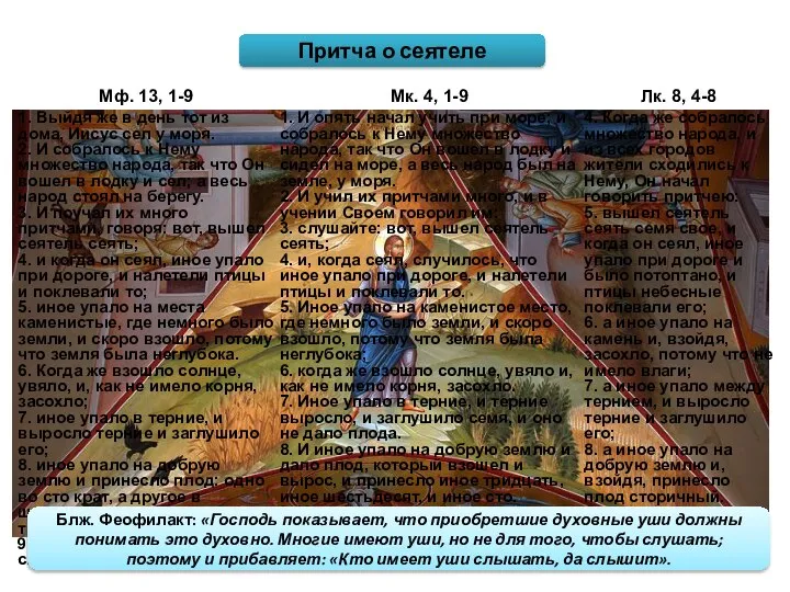 Притча о сеятеле Блж. Феофилакт: «Господь показывает, что приобретшие духовные уши