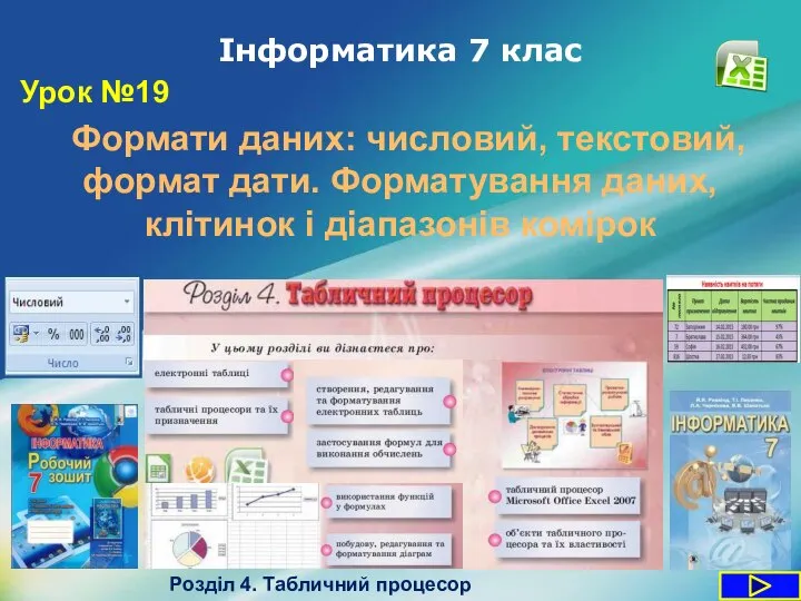 Інформатика 7 клас Урок №19 Розділ 4. Табличний процесор Формати даних: