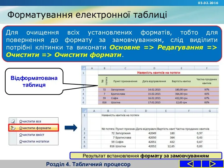 Для очищення всіх установлених форматів, тобто для повернення до формату за