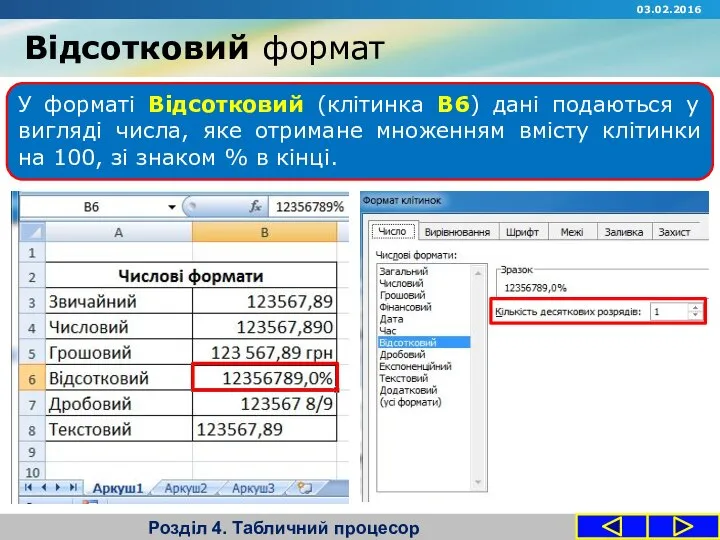 Відсотковий формат Розділ 4. Табличний процесор У форматі Відсотковий (клітинка В6)