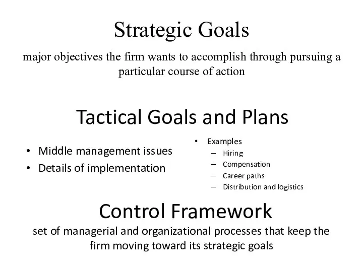 Strategic Goals major objectives the firm wants to accomplish through pursuing