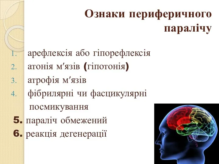 Ознаки периферичного паралічу арефлексія або гіпорефлексія атонія м′язів (гіпотонія) атрофія м′язів