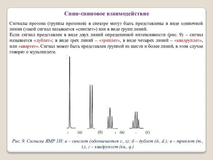 Спин-спиновое взаимодействие Сигналы протона (группы протонов) в спектре могут быть представлены