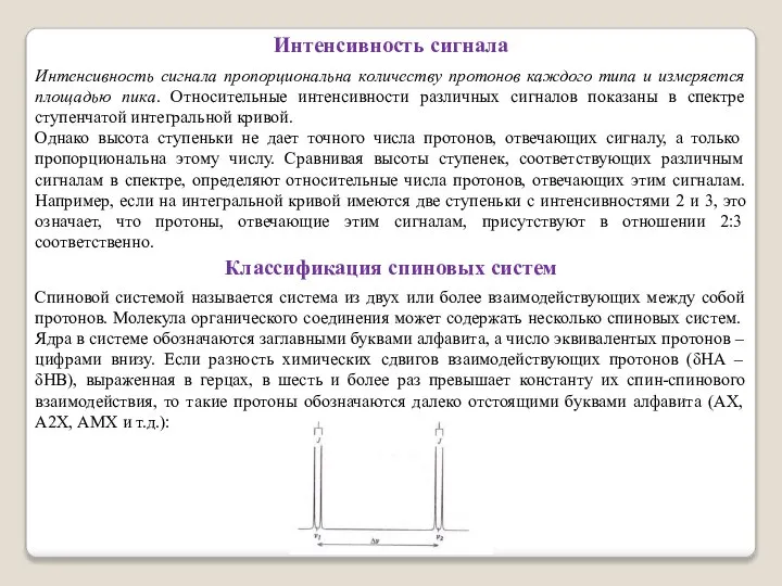 Интенсивность сигнала Интенсивность сигнала пропорциональна количеству протонов каждого типа и измеряется