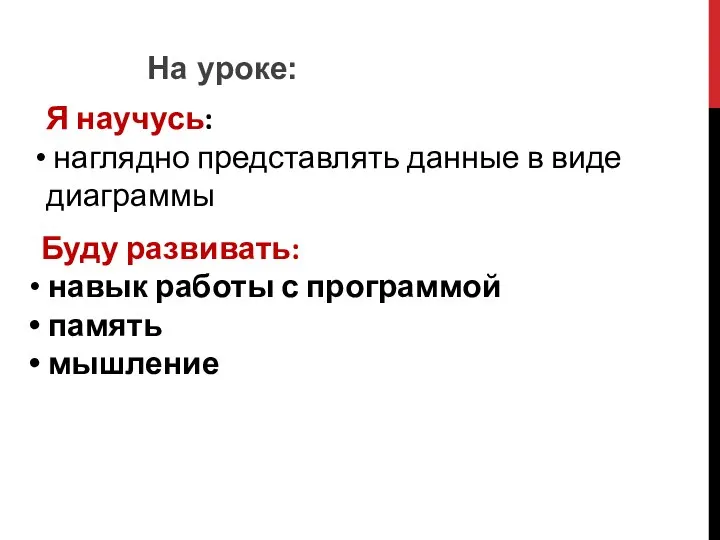 Я научусь: наглядно представлять данные в виде диаграммы На уроке: Буду