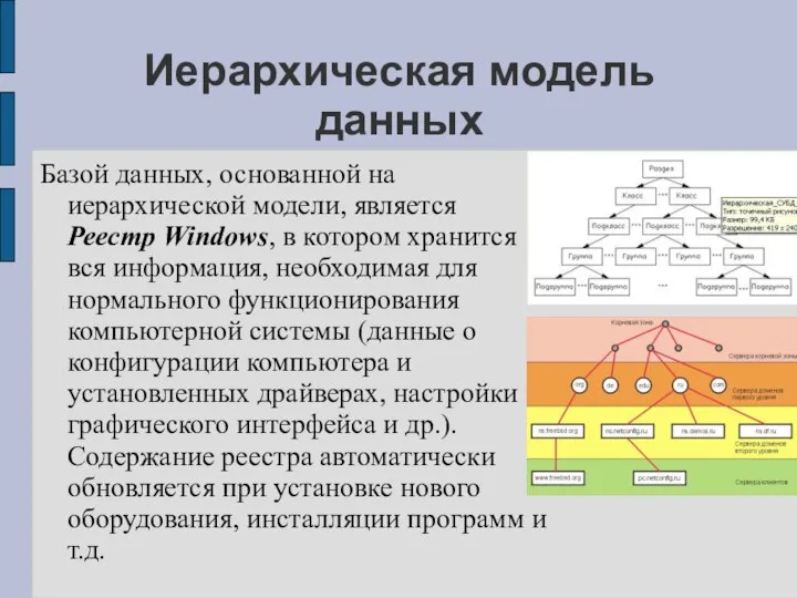 Иерархическая модель данных Базой данных, основанной на иерархической модели, является Реестр