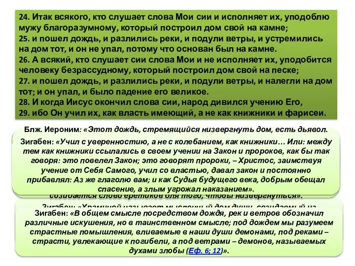 24. Итак всякого, кто слушает слова Мои сии и исполняет их,