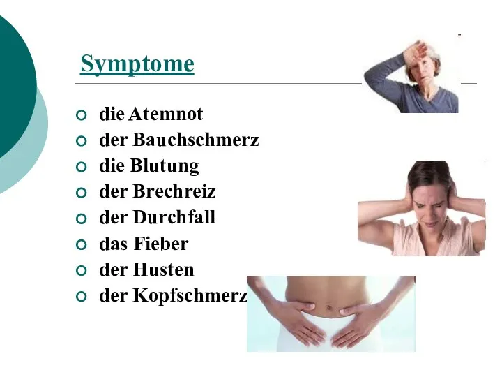 Symptome die Atemnot der Bauchschmerz die Blutung der Brechreiz der Durchfall