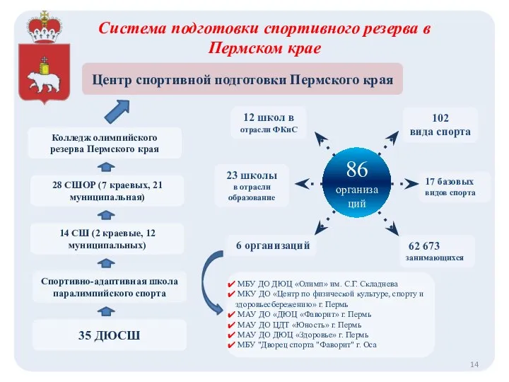 Система подготовки спортивного резерва в Пермском крае 86 организаций 102 вида