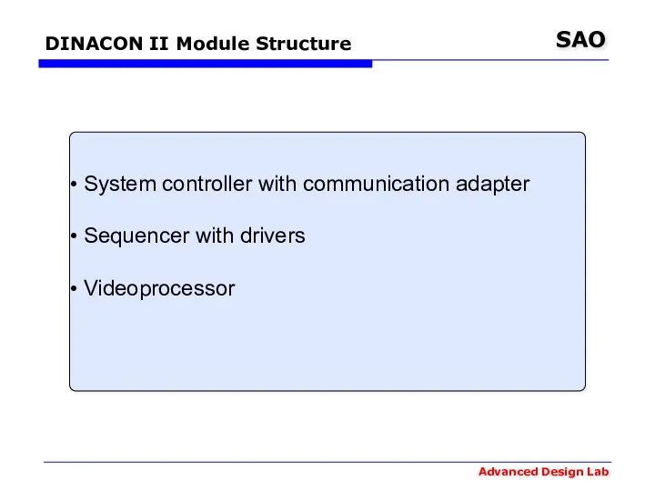 DINACON II Module Structure System controller with communication adapter Sequencer with drivers Videoprocessor