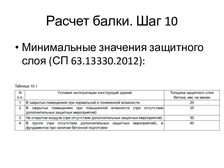 Расчет балки. Шаг 10 Минимальные значения защитного слоя (СП 63.13330.2012):