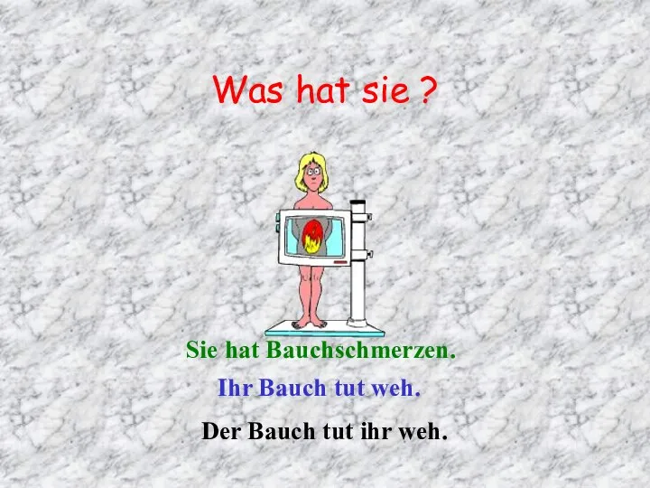 Was hat sie ? Sie hat Bauchschmerzen. Ihr Bauch tut weh. Der Bauch tut ihr weh.