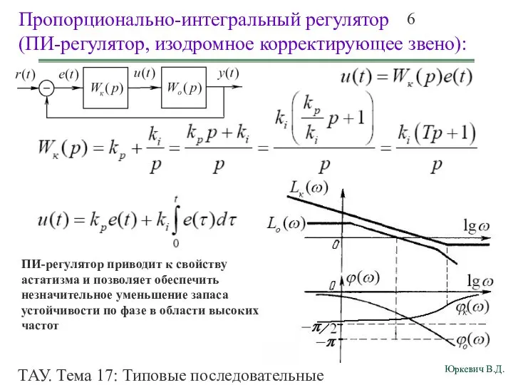 ТАУ. Тема 17: Типовые последовательные корректирующие звенья (типовые регуляторы). Пропорционально-интегральный регулятор