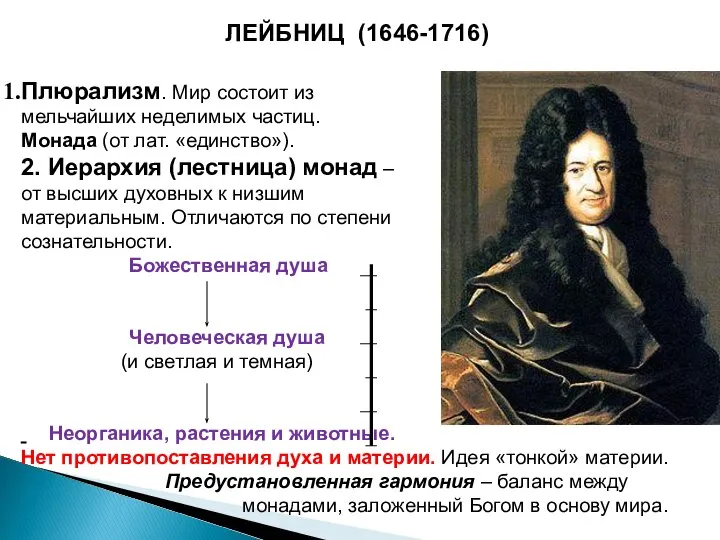 ЛЕЙБНИЦ (1646-1716) Плюрализм. Мир состоит из мельчайших неделимых частиц. Монада (от