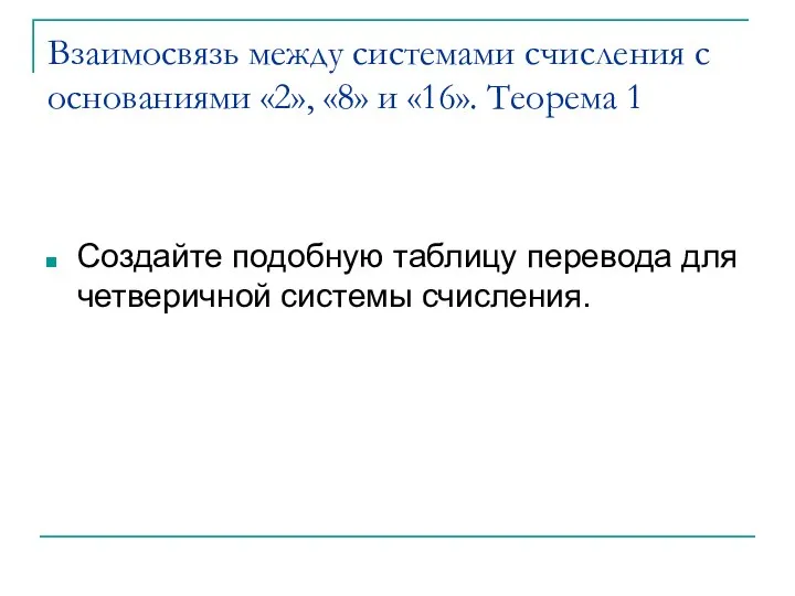 Взаимосвязь между системами счисления с основаниями «2», «8» и «16». Теорема