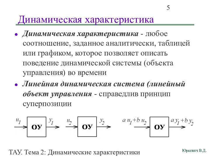 ТАУ. Тема 2: Динамические характеристики линейных систем. Динамическая характеристика Динамическая характеристика