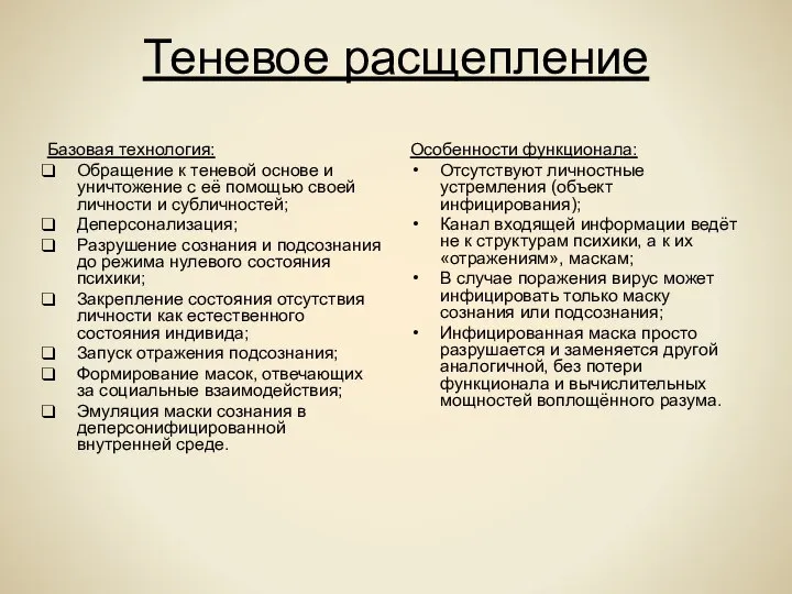 Теневое расщепление Базовая технология: Обращение к теневой основе и уничтожение с