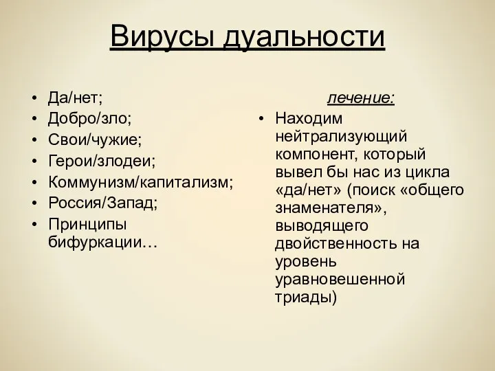 Вирусы дуальности Да/нет; Добро/зло; Свои/чужие; Герои/злодеи; Коммунизм/капитализм; Россия/Запад; Принципы бифуркации… лечение: