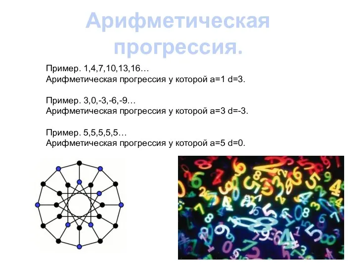 Арифметическая прогрессия. Пример. 1,4,7,10,13,16… Арифметическая прогрессия у которой а=1 d=3. Пример.