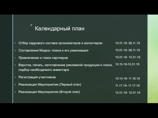 Календарный план Отбор кадрового состава организаторов и волонтеров: Составление Медиа- плана