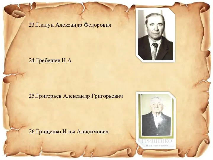 23.Гладун Александр Федорович 24.Гребешев Н.А. 25.Григорьев Александр Григорьевич 26.Грищенко Илья Анисимович