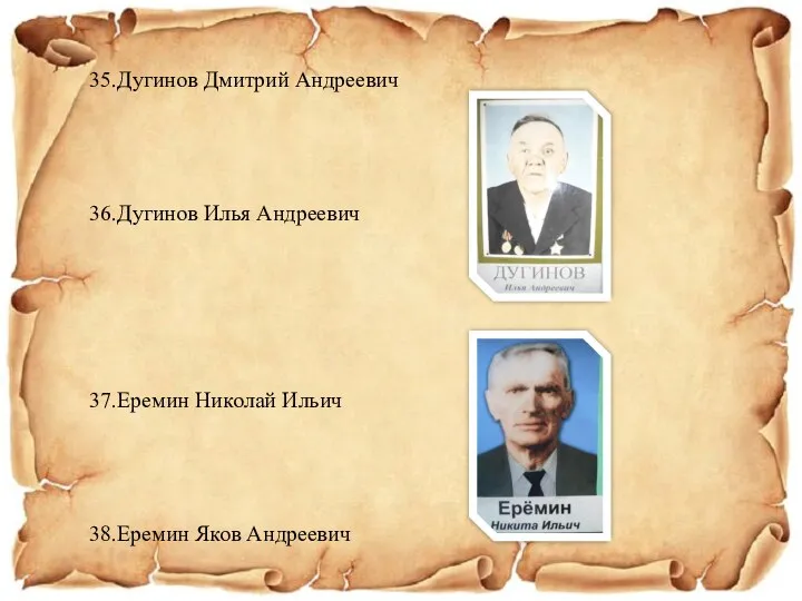 35.Дугинов Дмитрий Андреевич 36.Дугинов Илья Андреевич 37.Еремин Николай Ильич 38.Еремин Яков Андреевич