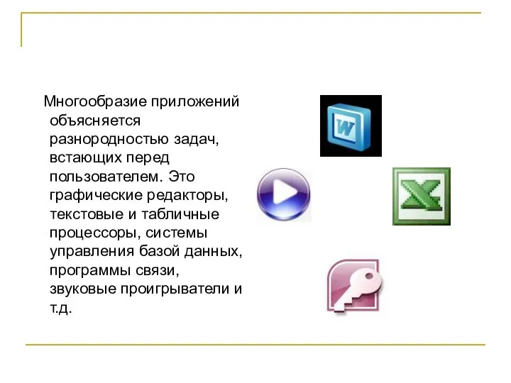 Многообразие приложений объясняется разнородностью задач, встающих перед пользователем. Это графические редакторы,