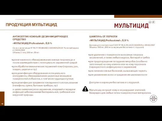 ПРОДУКЦИЯ МУЛЬТИЦИД АНТИСЕПТИК КОЖНЫЙ/ ДЕЗИНФИЦИРУЮЩЕЕ СРЕДСТВО «МУЛЬТИЦИД Professional», 0,5 % Св-во