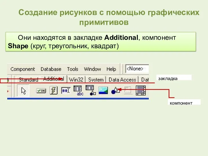 компонент Они находятся в закладке Additional, компонент Shape (круг, треугольник, квадрат)