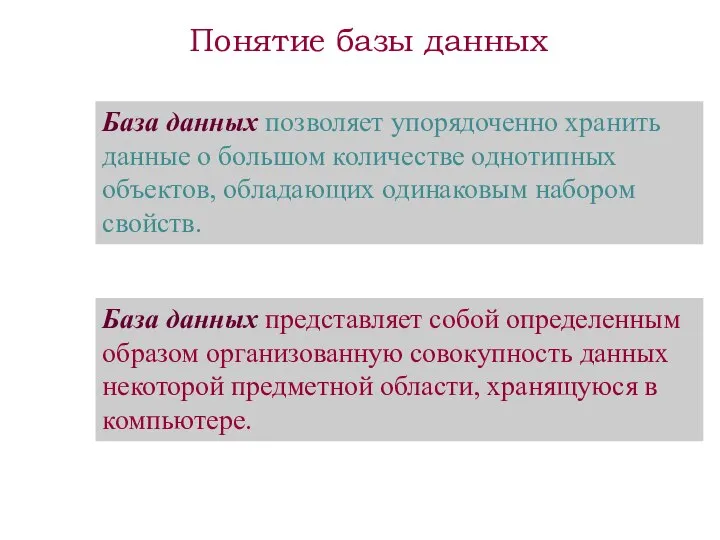 База данных позволяет упорядоченно хранить данные о большом количестве однотипных объектов,