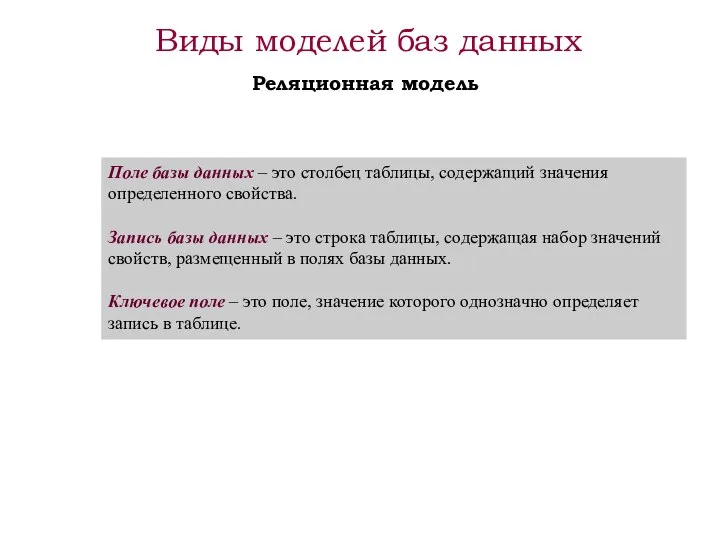 Поле базы данных – это столбец таблицы, содержащий значения определенного свойства.