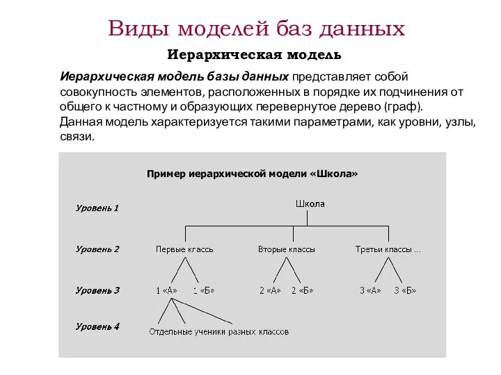 Пример иерархической модели «Школа» Виды моделей баз данных Иерархическая модель базы