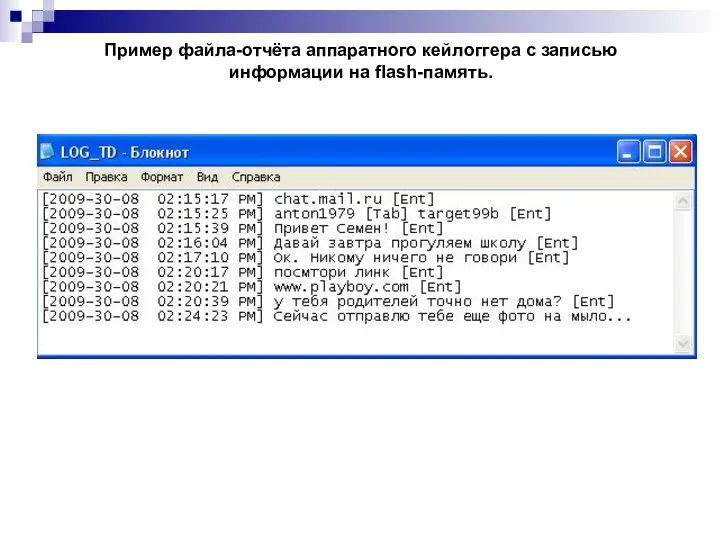 Пример файла-отчёта аппаратного кейлоггера с записью информации на flash-память.