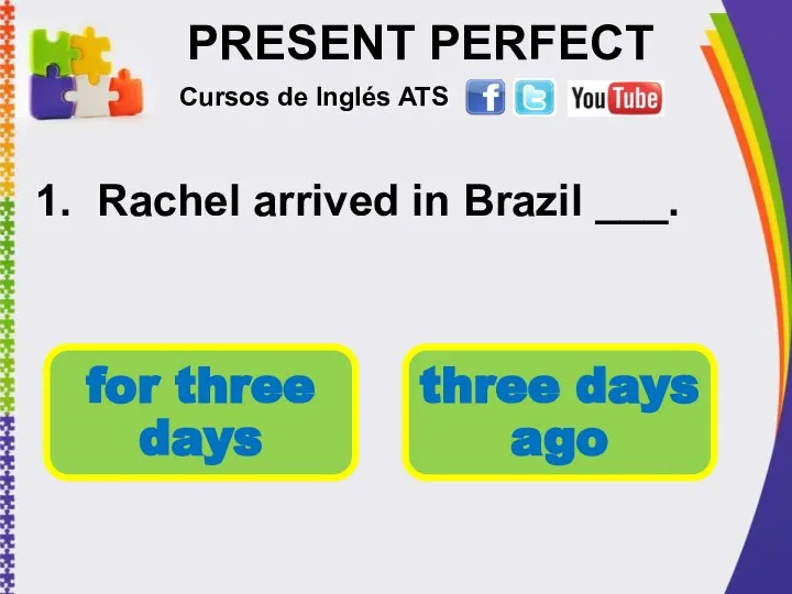 PRESENT PERFECT 1. Rachel arrived in Brazil ___. Cursos de Inglés