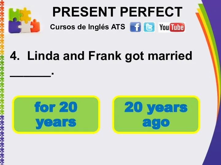 PRESENT PERFECT 4. Linda and Frank got married ______. Cursos de