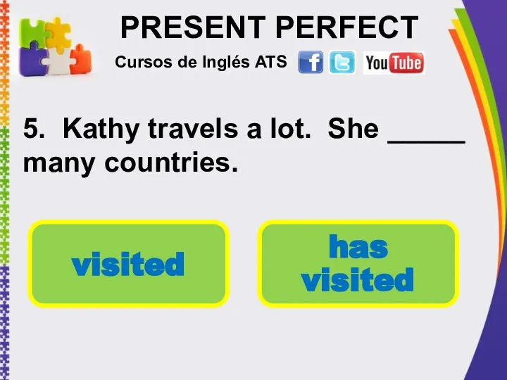 PRESENT PERFECT 5. Kathy travels a lot. She _____ many countries.