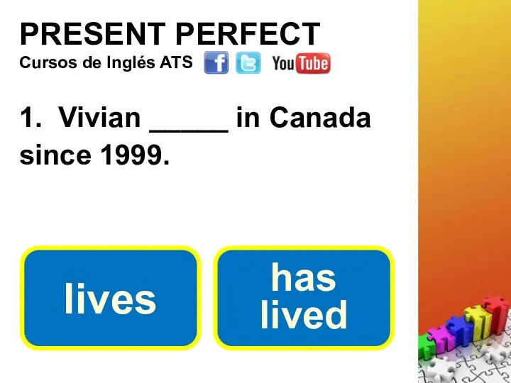 PRESENT PERFECT 1. Vivian _____ in Canada since 1999. Cursos de Inglés ATS lives has lived