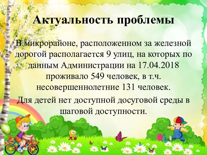 Актуальность проблемы В микрорайоне, расположенном за железной дорогой располагается 9 улиц,