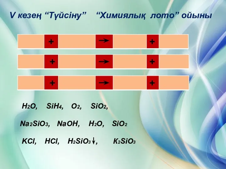 V кезең “Түйсіну” “Химиялық лото” ойыны H2O, SiH4, O2, SiO2, Na2SiO3,