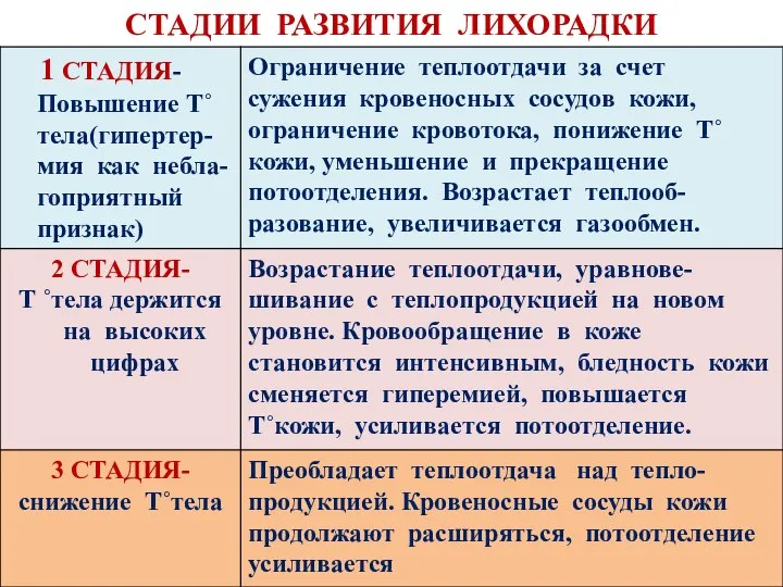 СТАДИИ РАЗВИТИЯ ЛИХОРАДКИ