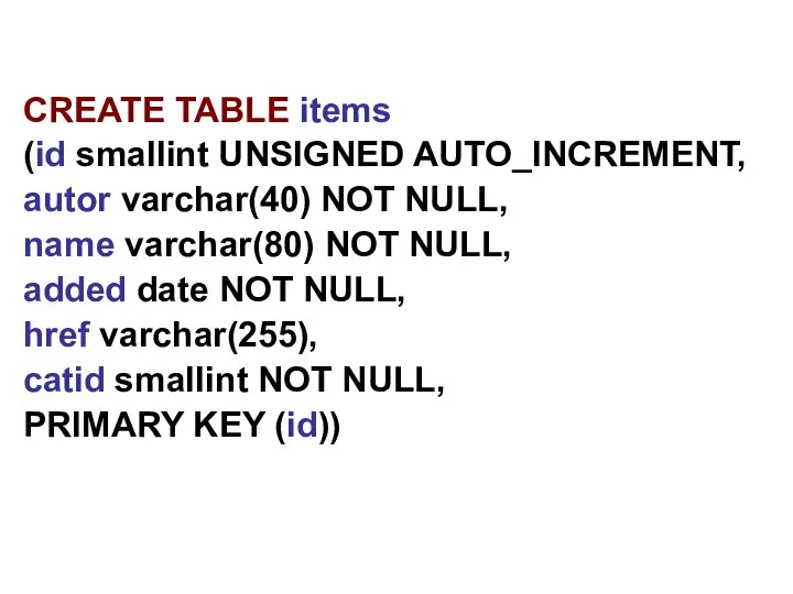 CREATE TABLE items (id smallint UNSIGNED AUTO_INCREMENT, autor varchar(40) NOT NULL,