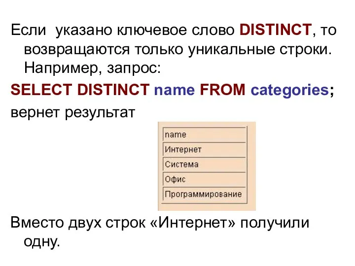 Если указано ключевое слово DISTINCT, то возвращаются только уникальные строки. Например,