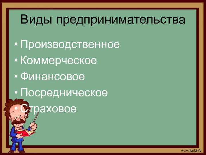 Виды предпринимательства Производственное Коммерческое Финансовое Посредническое Страховое