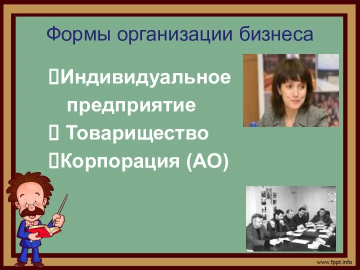 Индивидуальное предприятие Товарищество Корпорация (АО) Формы организации бизнеса