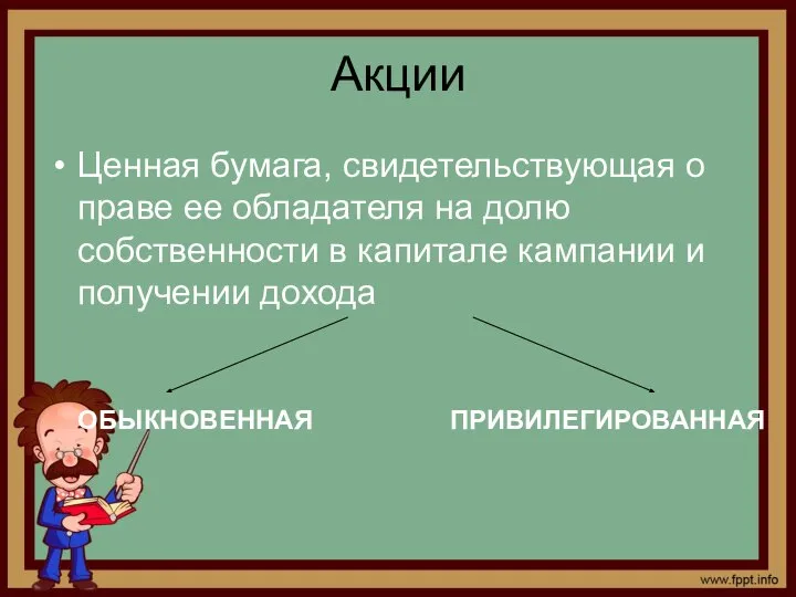 Акции Ценная бумага, свидетельствующая о праве ее обладателя на долю собственности