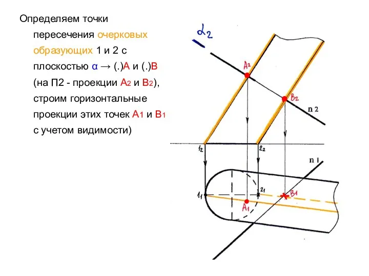 Определяем точки пересечения очерковых образующих 1 и 2 с плоскостью α