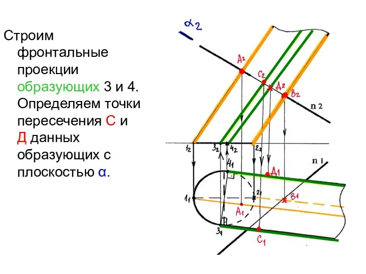 Строим фронтальные проекции образующих 3 и 4. Определяем точки пересечения С