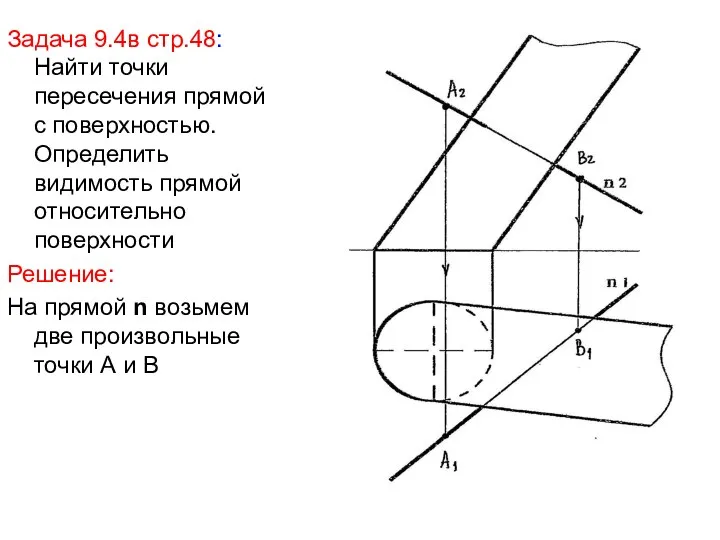 Задача 9.4в стр.48: Найти точки пересечения прямой с поверхностью. Определить видимость